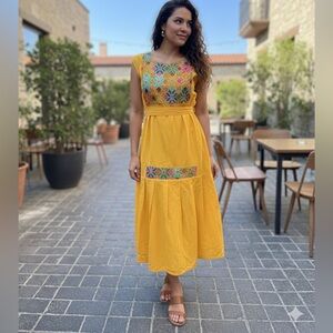 NWT Mexican Artisanal Embroidered Dress Yellow Gold 100% Cotton Boho Fiesta Med